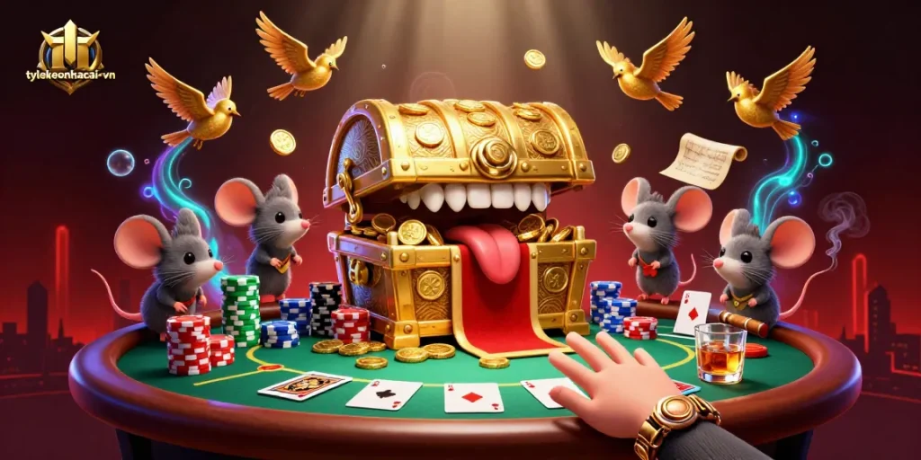 Engage with tylekeonhacai-vn in this vibrant 3D casino scene featuring poker elements and adventure.