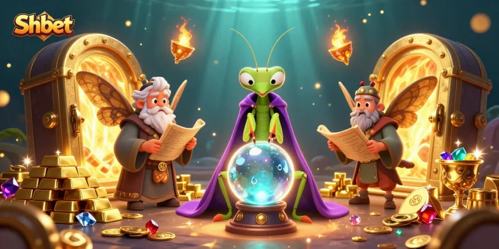 Experience Shbet's mystique with a fortune teller and gems in an enchanting casino scene.