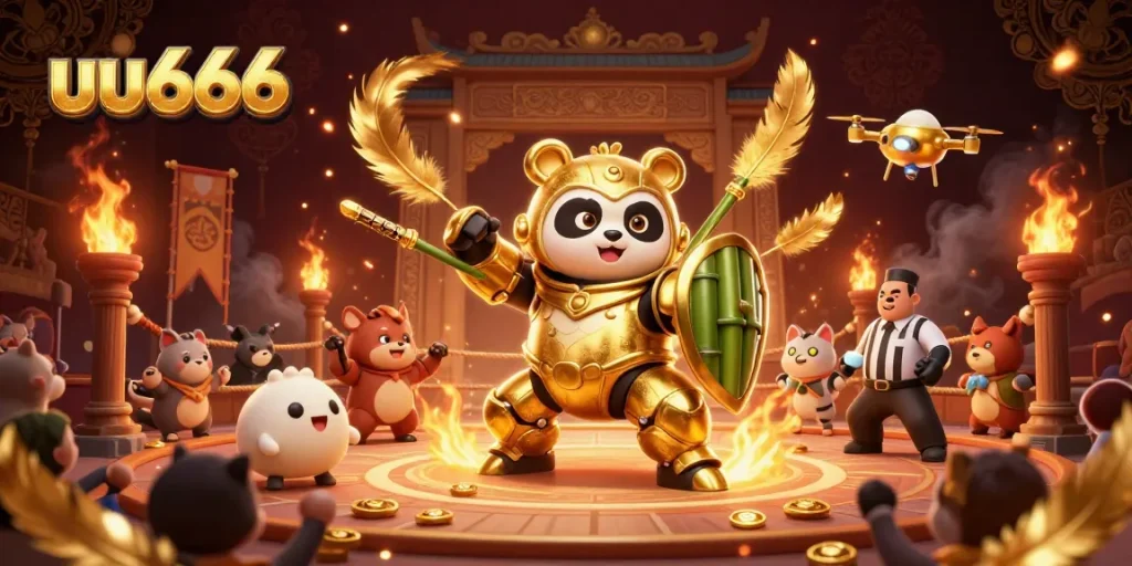 Engage with uu666's dynamic gaming universe featuring a golden panda in mech-suit at an exciting online casino.