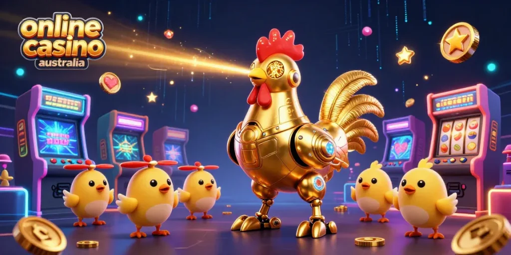Engage with the lively scene of online casino australia featuring a golden rooster robot and colorful arcade games.