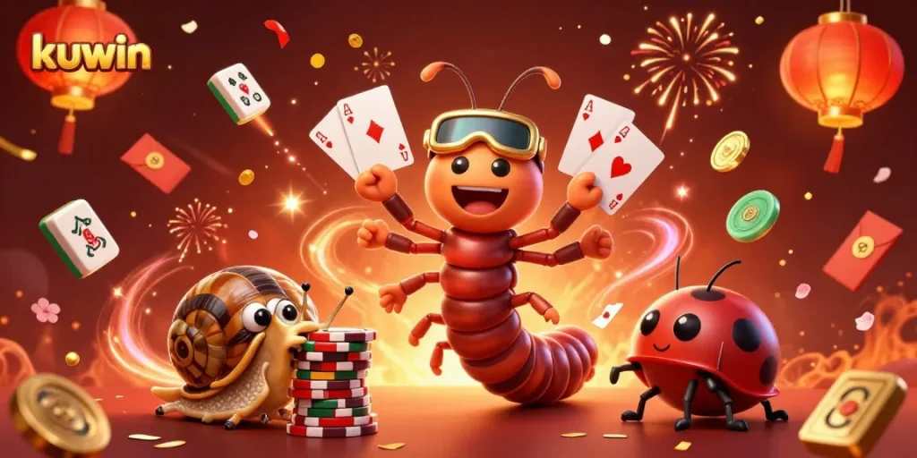 Kuwin features a lively millipede dealer showcasing cards while a snail high-roller pushes chips, ideal for gamblers.