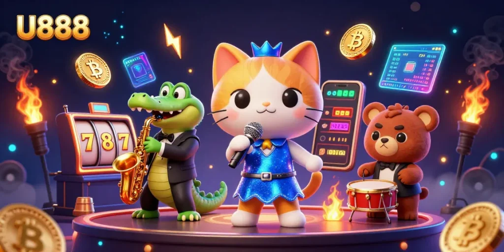 U888 spins the reels with vibrant characters and dynamic gaming experiences in a lively casino.