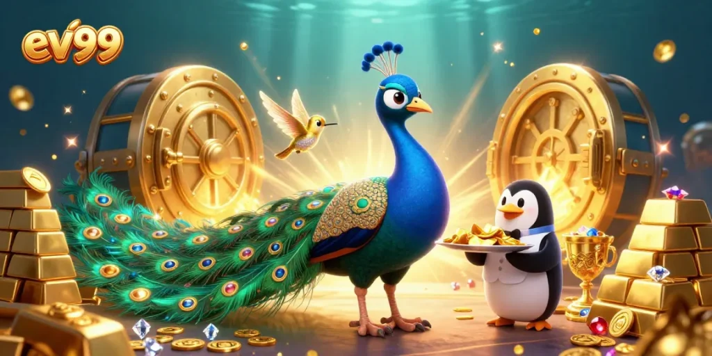 Win big at ev99 with stunning 3D animation featuring a peacock and treasure