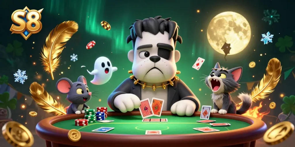 Engaging S8 illustration of a Frankenstein bulldog dealer and werewolf kitten in an animated poker scene