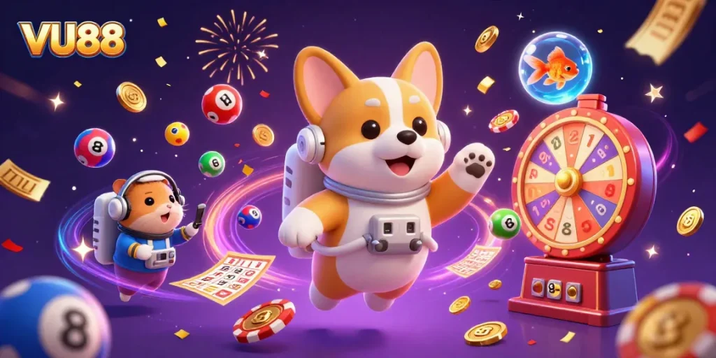 Experience VU88's exciting casino world with a corgi astronaut and vibrant gaming elements!