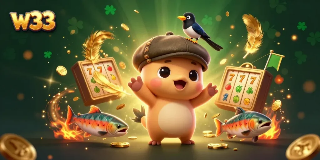 Experience big wins with w33 at this vibrant casino scene featuring playful characters and slot games.