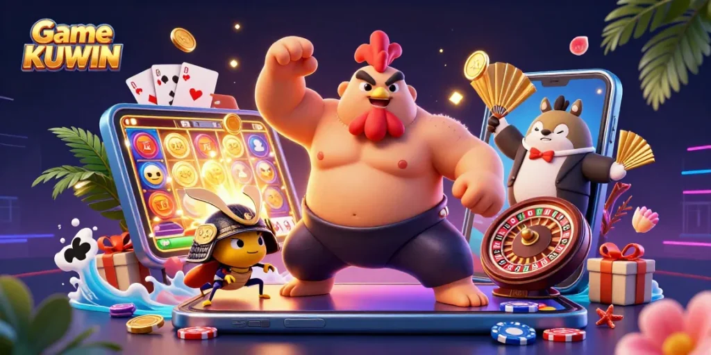 Experience thrilling action with Game KUWIN as a powerful sumo rooster and fierce samurai cricket face off amidst vibrant casino elements.