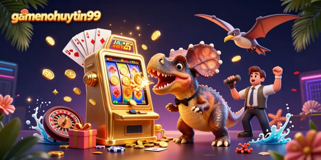 Experience gamenohuuytin99 with a pachycephalosaurus hitting a slot machine for jackpot coins!