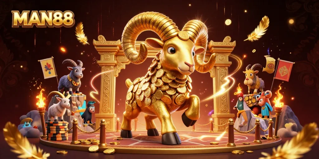Experience excitement at MAN88 with a colossal golden ram charging through a vibrant casino arena filled with coins and game elements.
