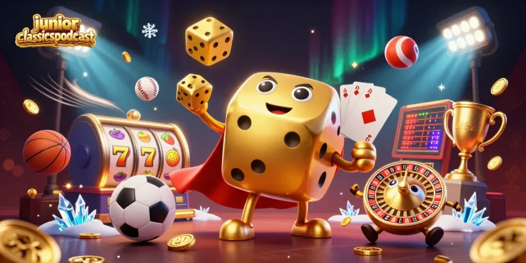 Permainan slot di juniorclassicspodcast dengan dadu emas dan elemen perjudian dinamis.