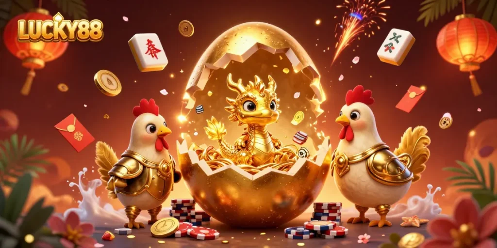 LUCKY88 showcases a golden dragon amidst poker chips in a vibrant casino scene.