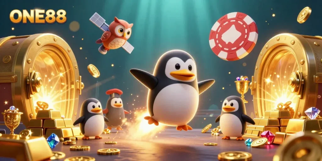 ONE88 penguin navigates a vibrant casino cosmos, gathering treasures in a thrilling adventure.