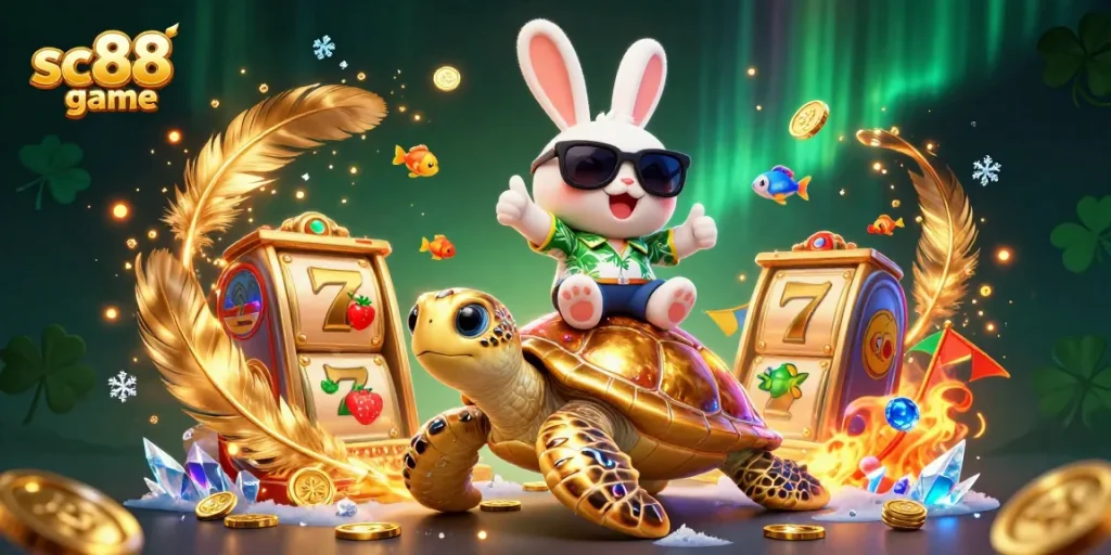Experience the thrilling sc88 game adventure with a lucky rabbit on a golden turtle amidst vibrant casino elements.