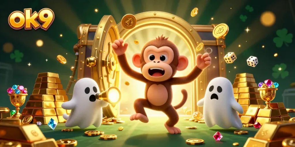 Experience thrilling gaming action at ok9 with a ghost-hunting puppy and a mischievous monkey juggling golden treasures.