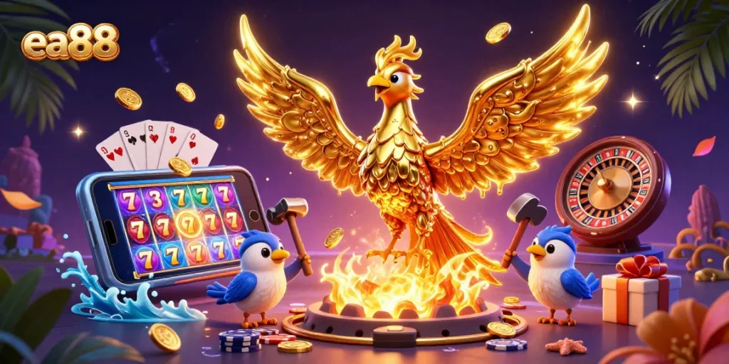 ea88 players immerse in a vibrant 3D slot game scene with golden phoenix and coins.