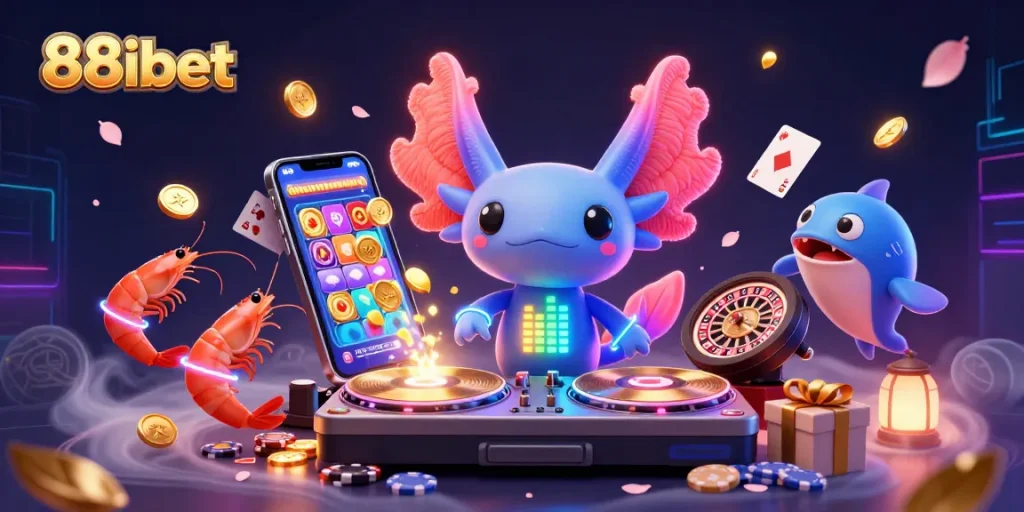 Engage with 88ibet's vibrant gaming scene featuring a neon axolotl DJ and thrilling casino elements.
