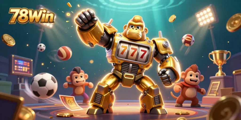 Experience the thrill of gaming at 78Win with our vibrant, dynamic illustration featuring a golden gorilla mech.