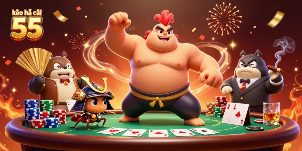 Engage with kèo nhà cái 55 through this dynamic illustration of a sumo rooster and samurai cricket at a lively poker table.