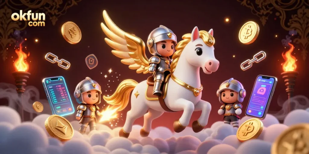 Engage in exciting gameplay at okfun com among a vibrant scene of crypto coins and a celestial horse.