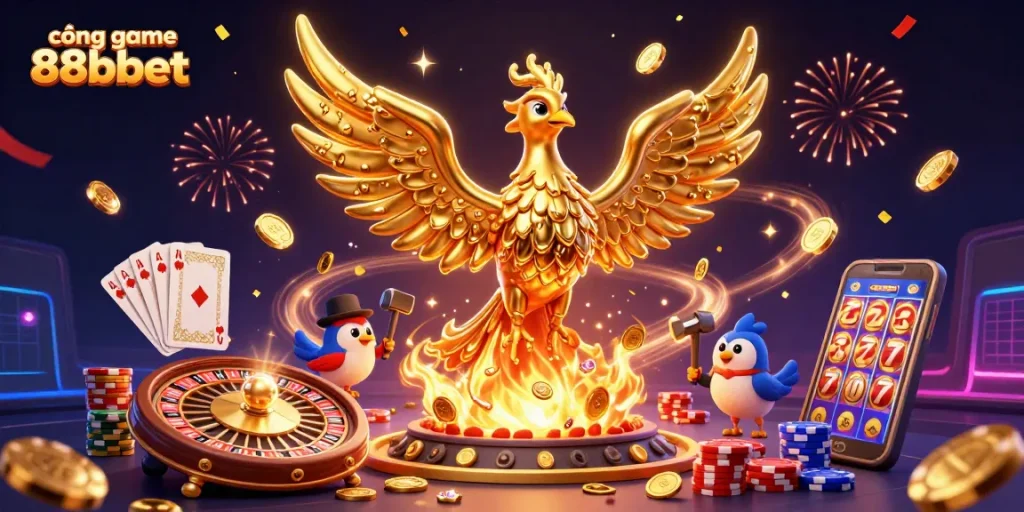Tham gia cổng game 88bbet với hình ảnh phượng hoàng vàng phát ra tiền xu cùng nhiều trò chơi đỉnh cao.