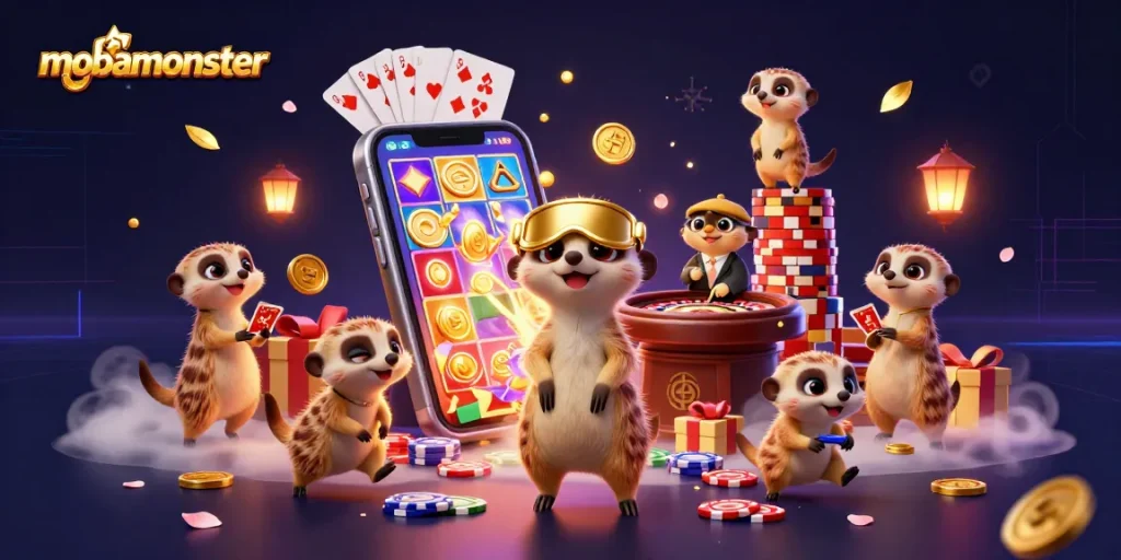Engage with mobamonster's lively casino scene featuring meerkats managing a slot operation.