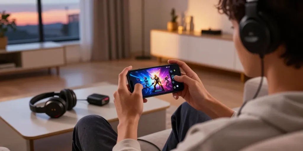 Slot7000 gaming experience with user comfortably playing on smartphone in modern living room setting