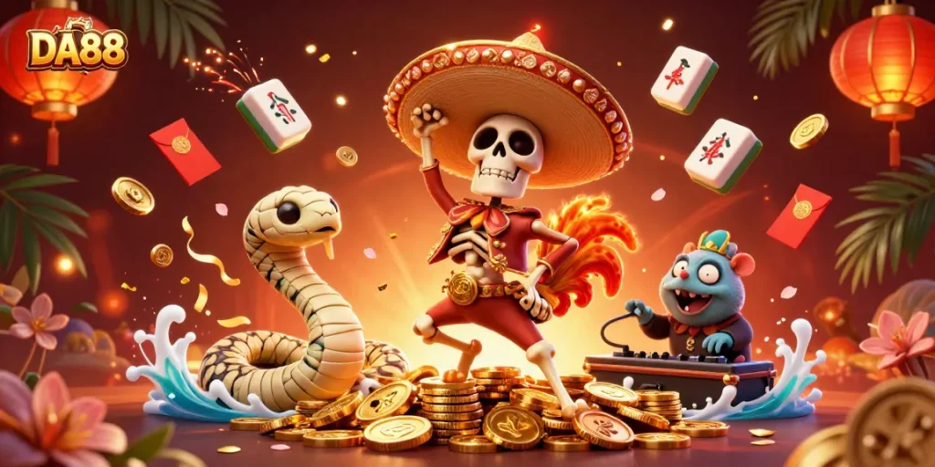 Join the exciting win at DA88 with a vibrant 3D illustration of a dancing mariachi rooster, glowing casino elements, and festive decorations.