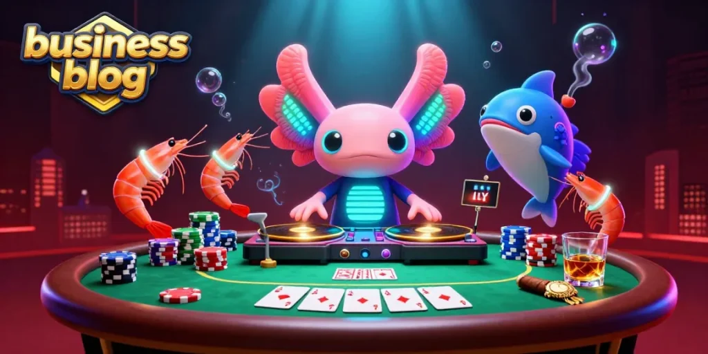 Engage with the vibrant world of casino gaming in this business blog scene featuring a neon axolotl DJ.