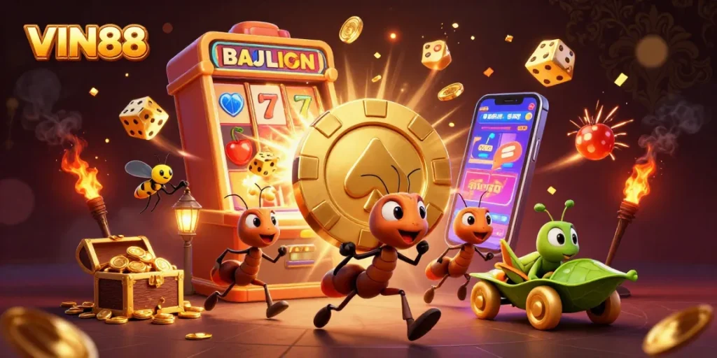 Experience the thrilling world of VIN88 with a team of ants on a heist carrying a giant poker chip, surrounded by colorful casino elements.