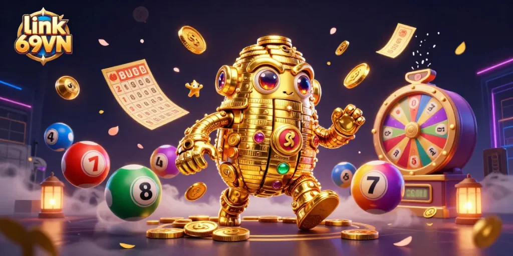Spin and win big with link 69VN in this immersive 3D casino scene filled with dynamic gaming elements.