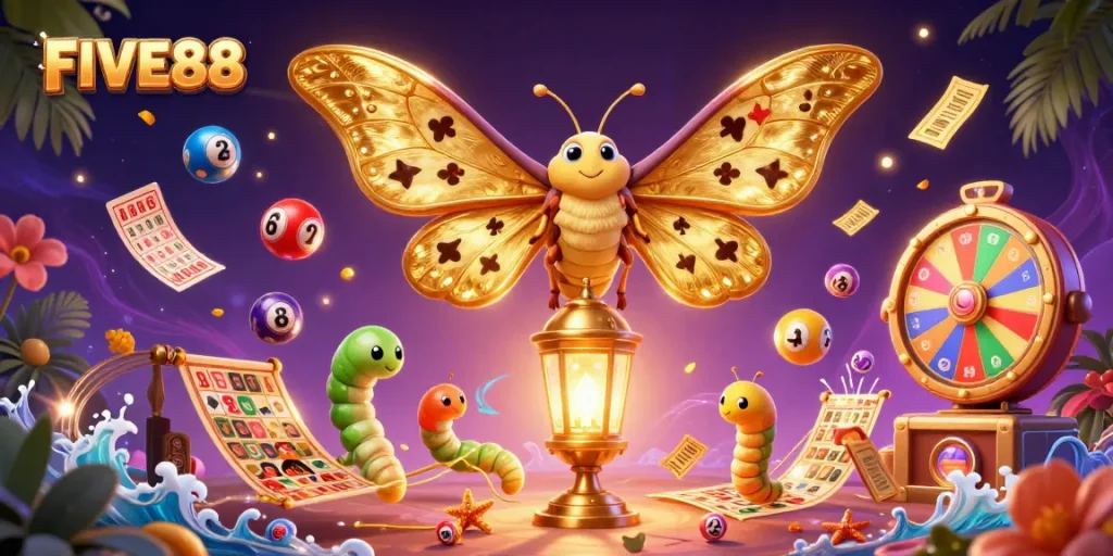 Participate in vibrant gambling excitement with the FIVE88 lottery balls and a stunning atlas moth.