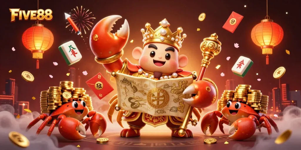 Experience thrilling gaming at FIVE88 with a golden crab emperor amidst vibrant casino elements.