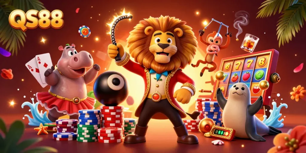 Join the ultimate gaming experience at QS88 with vibrant slot symbols, colorful characters, and dynamic casino action.