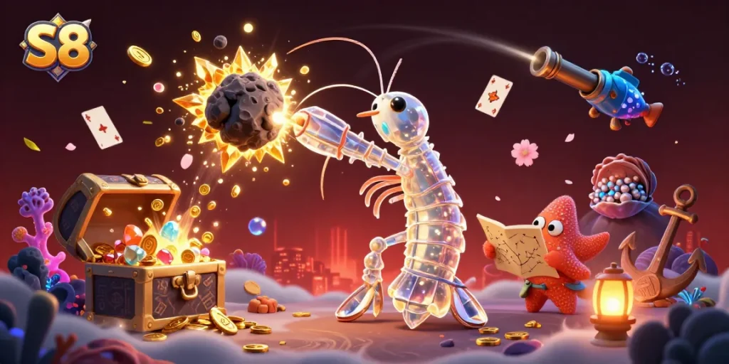 S8 shines as a 3D mantis shrimp battles an asteroid, revealing treasure in a thrilling casino scene.