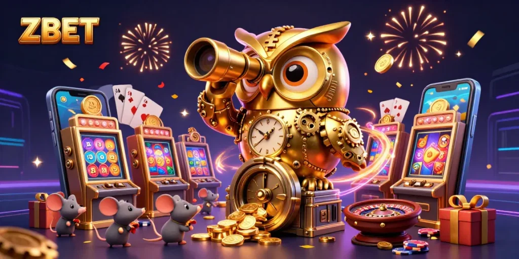 ZBET offers thrilling casino experiences with cartoon characters amidst dynamic gaming elements.