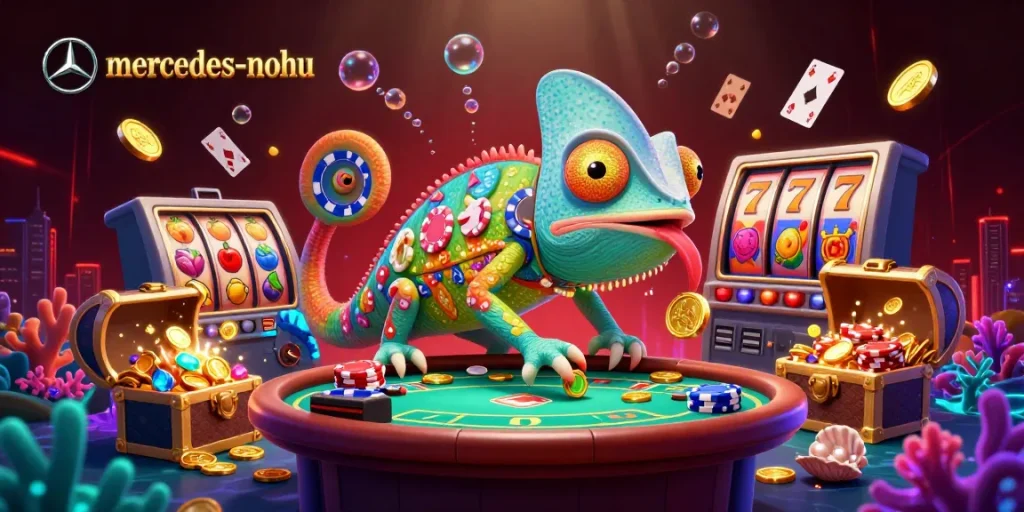 Engage with the vibrant casino scene featuring the mercedes-nohu chameleon owner catching golden coins amidst slot reels and colorful cards.
