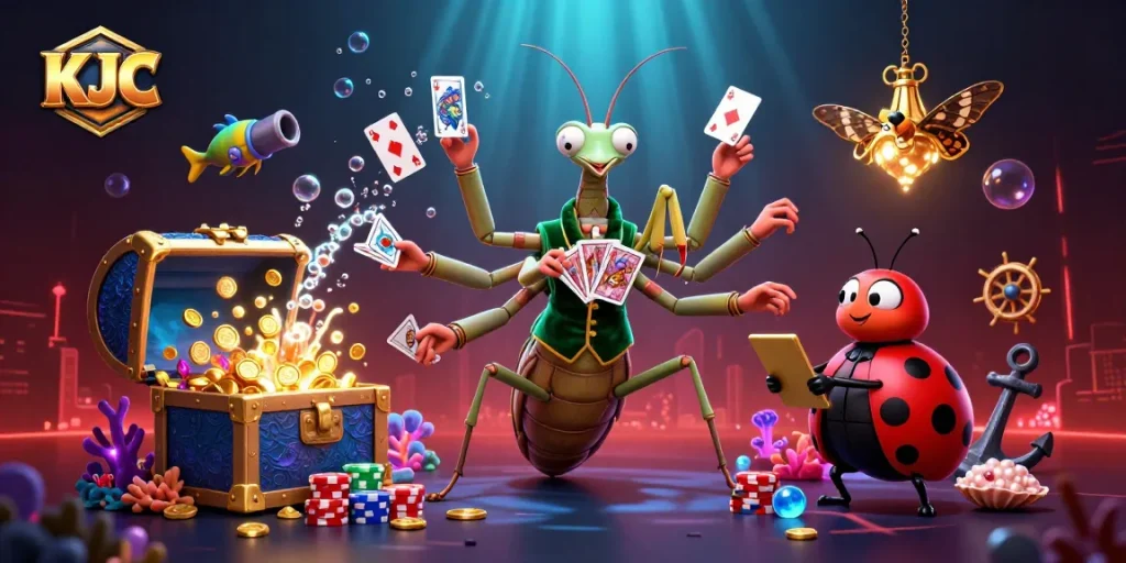KJC showcases a vibrant casino scene with a praying mantis card dealer and ladybug pit boss amid gold and gems.