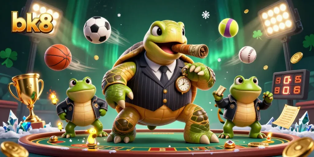 Experience thrilling gaming action with bk8 as a cartoon turtle and bullfrog enforcers illuminate a vibrant casino scene.