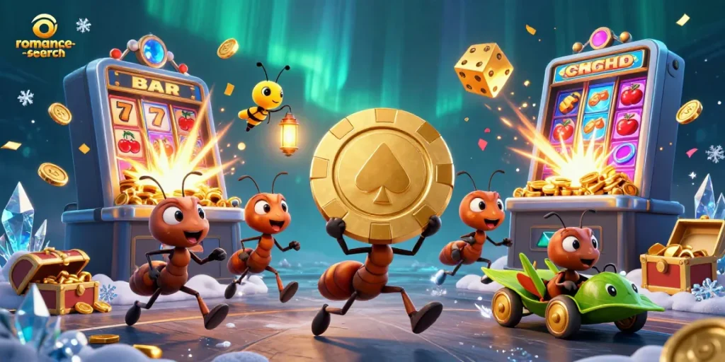 Experience the thrill of romance-search with a heist team of ants carrying a giant poker chip amidst a dazzling casino!