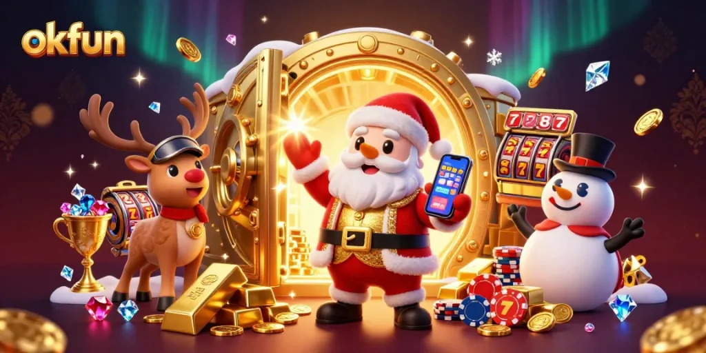 Experience thrilling jackpots with okfun at this vibrant casino illustration featuring Santa and friends!
