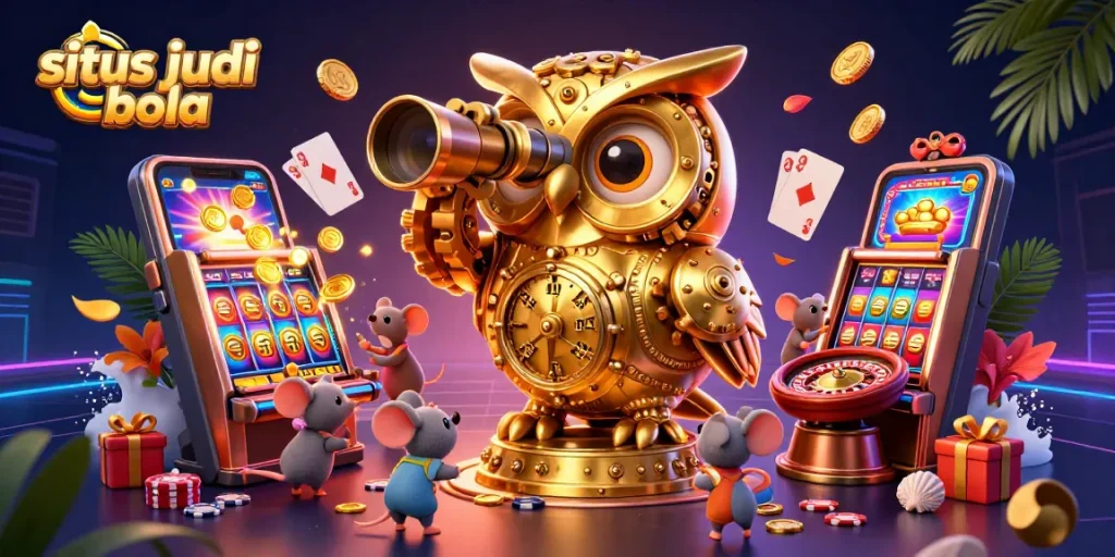 Explore situs judi bola with the golden owl watching over swirling slot games and vibrant winnings.
