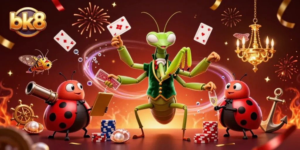 Engage with winning strategies at bk8's thrilling casino scene illustrated in vibrant colors.