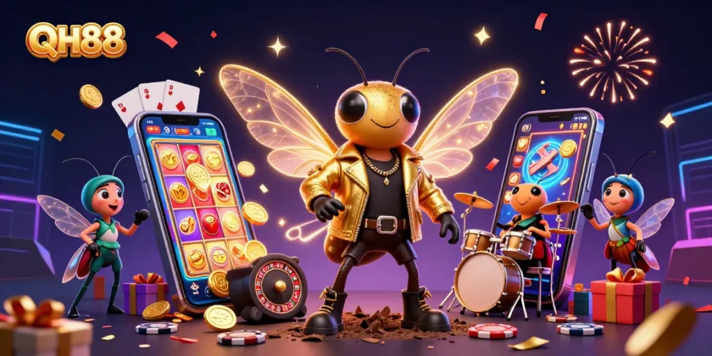 Experience the excitement of QH88 with a cartoon cicada rock star in a vibrant casino scene