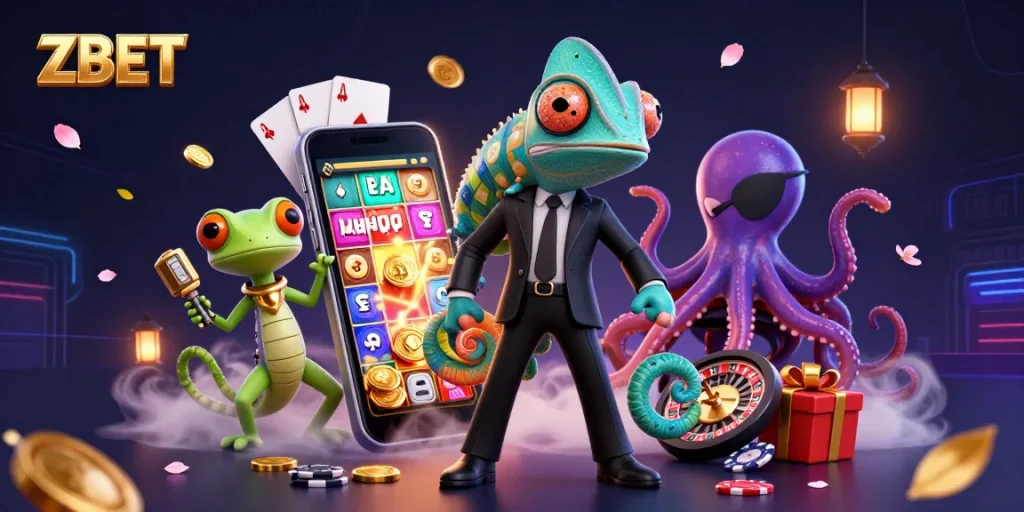 ZBET showcases thrilling online gaming experiences with vibrant slot games and interactive characters.