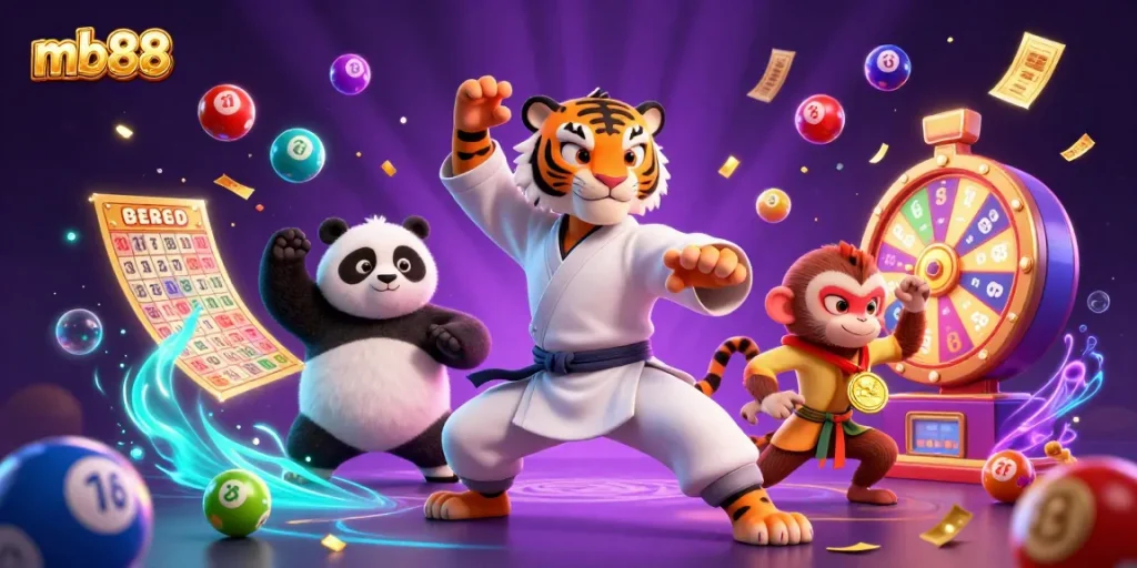 Experience the vibrant scene of mb88 with characters around colorful lottery elements and dynamic game prizes.